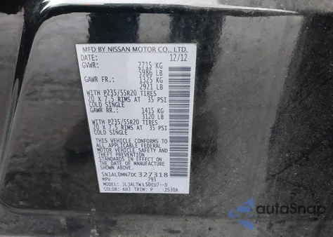 2013 Infiniti Jx35 z USA, uszkodzony, nr VIN 5N1AL0MN7DC327318